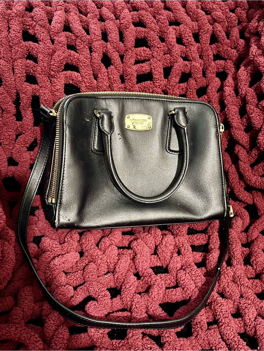Michael Kors Black Leather Dome Satchel with Gold Plaque